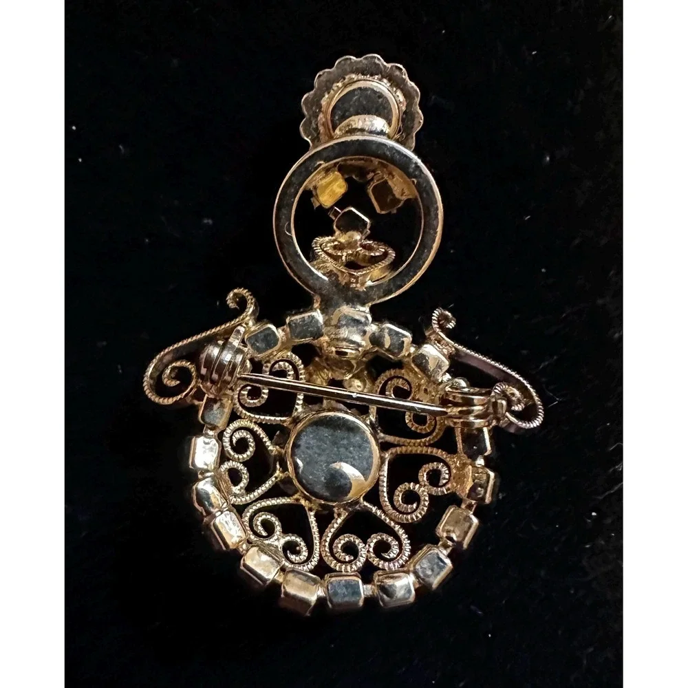 Vintage Rhinestone Snowman Pin‎ w/ Scroll Work